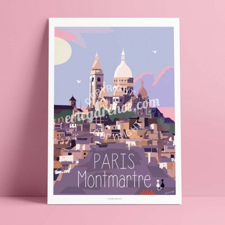 Poster Montmartre  by Eric Garence, Paris Ile de France 18eme 75018 painter savignac roger broders advertising ad romantic basil