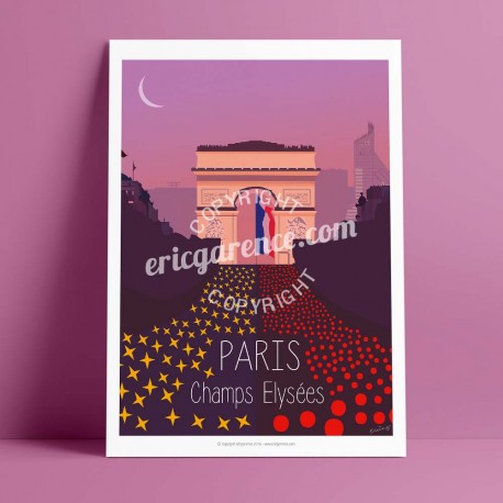 Affiche Champs Elysées par Eric Garence, Paris Ile de France 8eme 75008 rétro vintage illustration dessin niçois avenue vuitton 