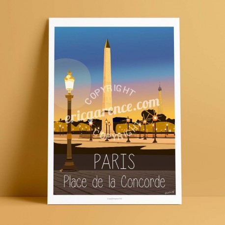 Affiche Place de la concorde par Eric Garence, Paris Ile de France 8eme 75008 rétro vintage illustration dessin niçois obélisque