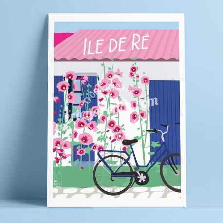 Affiche L'Île de Ré et son vélo par Eric Garence, Charente Maritime, côte atlantique France rétro vintage illustration dessin ni