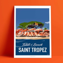 Poster Saint Tropez Fin de Soirée à Tahiti Plage by Eric Garence, Provence French Riviera var poster vintage illustration drawin