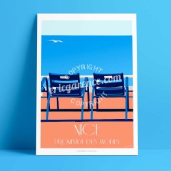 Affiche Les Chaises Bleues à Nice par Eric Garence, Côte d'Azur France rétro vintage illustration dessin niçois prom promenade d