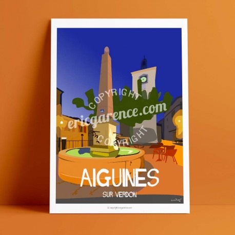 Affiche Place d'Aiguines par Eric Garence, Provence Sud Gorges du Verdon rétro vintage illustration dessin niçois fontaine café 