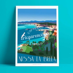 Affiche Nissa la Bella par Eric Garence, Côte d'Azur France rétro vintage illustration dessin niçois coco beach turquoise port r