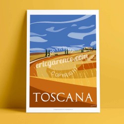 Affiche La Toscane en été par Eric Garence, Toscane Italie rétro vintage illustration dessin niçois gladiateur pienza val d'orci