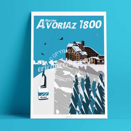Poster Avoriaz 1800 by Eric Garence, Alps Haute Savoie poster vintage illustration drawing french Gondola lift Choucas Paraglidi