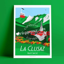 Poster La Clusaz en été by Eric Garence, Alps Haute Savoie poster vintage illustration drawing french Summer mountain cable car 