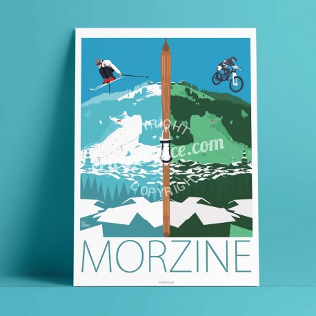 Affiche Morzine, Eté / Hiver par Eric Garence, Alpes Haute Savoie France rétro vintage illustration dessin niçois Vtt cross para