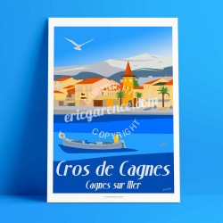 Affiche Le Cros de Cagnes par Eric Garence, Côte d'Azur France rétro vintage illustration dessin niçois Lou cros pecheur village