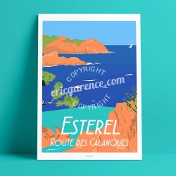 Affiche L'Estérel et la route des calanques par Eric Garence, Côte d'Azur France art galerie artiste contemporain art-déco Mer t