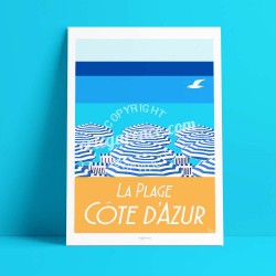 Poster Beach, Sun Umbrella and Sea at French Riviera, 2017