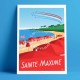 Affiche Sainte Maxime par Eric Garence, Provence Côte d'Azur Var rétro vintage illustration dessin niçois plage rouge mer pin pa