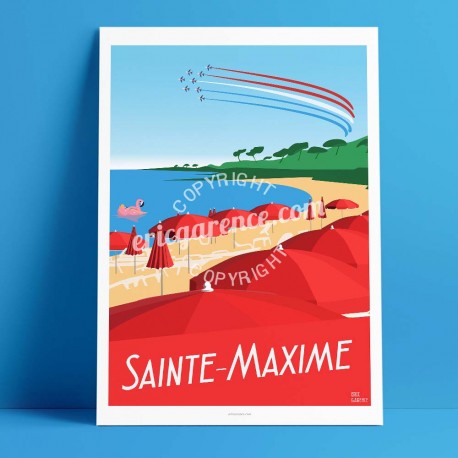 Affiche Sainte Maxime par Eric Garence, Provence Côte d'Azur Var rétro vintage illustration dessin niçois plage rouge mer pin pa