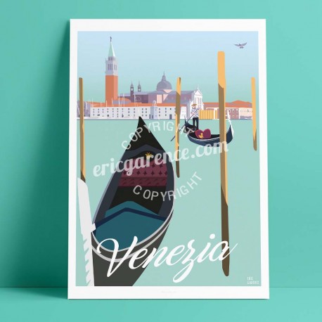 Poster Venise by Eric Garence, Italia Venice poster vintage illustration drawing french gondola gondolier boater romantic lagoon