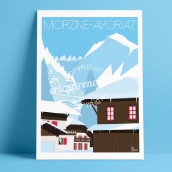 Poster Morzine Avoriaz et le dahu by Eric Garence, Alps Haute Savoie painting decoration gift luxury idea Winter mountain dahu c