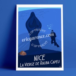 Affiche Le Plongeur et la vierge à rauba capeu à Nicepar Eric Garence, Côte d'Azur France rétro vintage illustration dessin niço