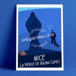 Poster Le Plongeur et la vierge à rauba capeu à Niceby Eric Garence, French Riviera poster vintage illustration drawing french S
