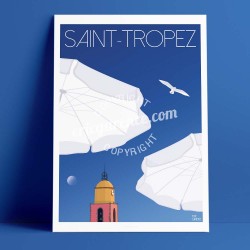 Affiche La lune et la plage à Saint Tropez par Eric Garence, Provence Côte d'Azur Var rétro vintage illustration dessin niçois b