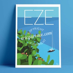 Poster Eze, Cactus et Voilier by Eric Garence, French Riviera travel memories holydays Pinup jet set Rich coastline sailing Medi