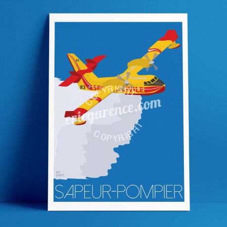 Poster Le Canadair by Eric Garence, Provence French Riviera var poster vintage illustration drawing french airplane bomber water