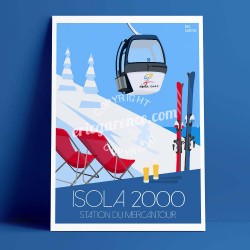 Poster Isola 2000 by Eric Garence, French Riviera poster vintage illustration drawing french Alps snow station champion sea view