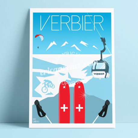 Affiche Verbier par Eric Garence, Suisse Valais Matterhorn voyage souvenir vacances Pinup palace xtreme wetter trail montagne ch