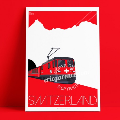 Affiche Train Suisse par Eric Garence, Suisse Switzerland affichiste savignac roger broders publicité pub Ticket ligne voyage lu