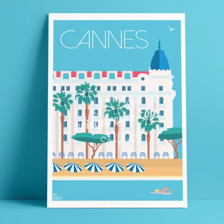 Cannes - Hotel, Croisette, plage, Carlton, Martinez, Festival de cannes  - Affiche Rétro, Art, Gift, seminar, congress, business