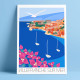 Poster Villefranche-sur-mer by Eric Garence, French Riviera poster vintage illustration drawing french cocteau village sea harbo