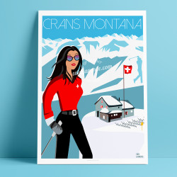 Affiche Pinup à Crans montana par Eric Garence, Suisse Valais rétro vintage illustration dessin niçois webcam chalet luxe ski al