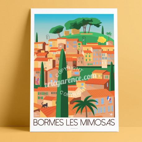 Affiche Bormes-les-Mimosas par Eric Garence, Côte d'Azur France Provence rétro vintage illustration dessin niçois Chirac macron 