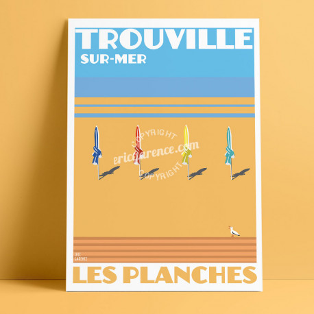 Trouville Boards Poster by Eric Garence, Deauville, Normandy coast France Souvenir holiday trip Pinup Seagull Savignac