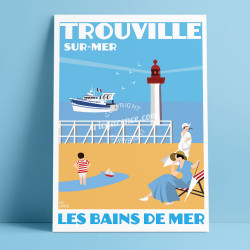 Affiche Bains de mer de Trouville par Eric Garence, Deauville, côte Normandie France voyage souvenir vacances famille sable Savi
