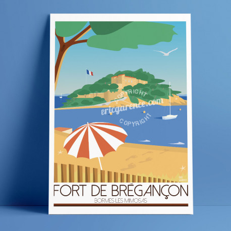 Poster Fort de Brégancçon by Eric Garence, French Riviera Provence poster vintage illustration drawing french Chirac macron brig