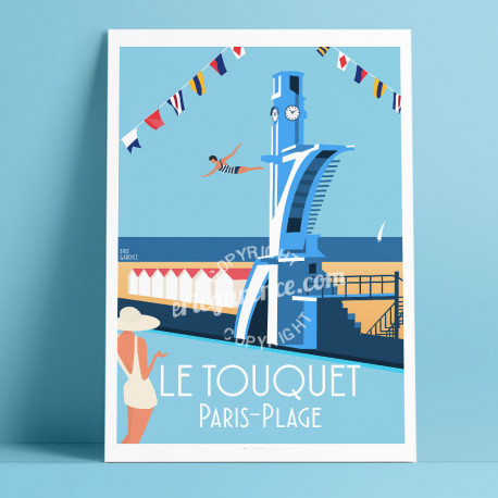 Affiche Le Touquet Paris-Plage par Eric Garence, Plongeoir, France voyage souvenir vacances Plage Jeux Piscine 