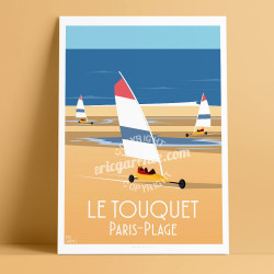 Affiche Le Touquet Paris-Plage par Eric Garence, Char à voile, France voyage souvenir vacances Plage Jeux Piscine Mer 