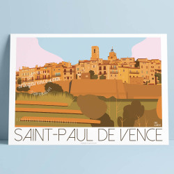 Affiche Saint Paul de Vence par Eric Garence, Côte d'Azur France art galerie artiste contemporain art-déco Colombe d'or remparts