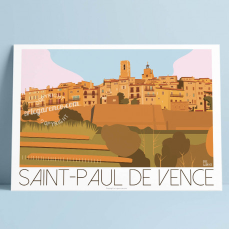 Poster Saint Paul de Vence by Eric Garence, French Riviera art gallery artist contemporary collection Golden dove ramparts corsi