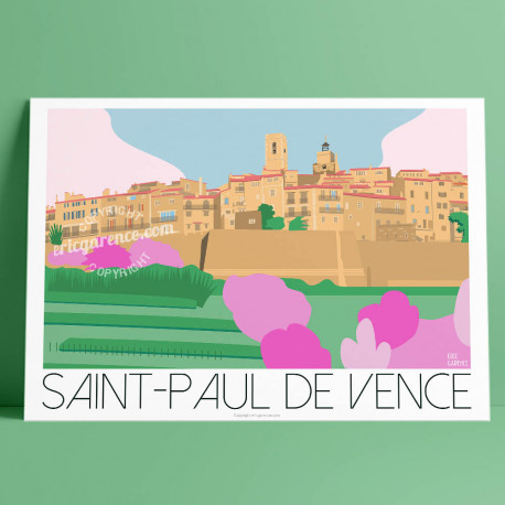 Affiche Saint Paul de Vence Printemps par Eric Garence, Côte d'Azur France art galerie artiste contemporain art-déco Colombe d'o