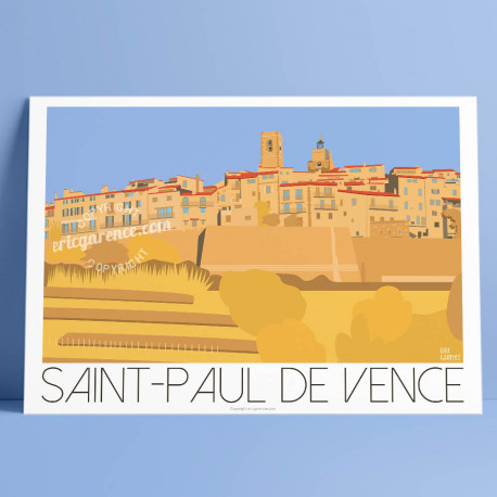 Affiche Saint Paul de Vence Printemps par Eric Garence, Côte d'Azur France art galerie artiste contemporain art-déco Colombe d'o