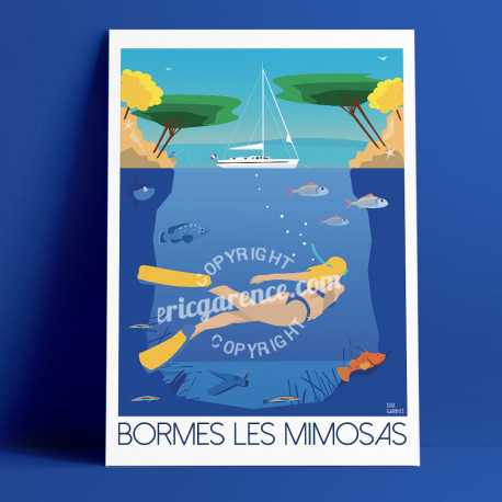 Poster Bormes-les-Mimosas by Eric Garence, French Riviera Provence poster vintage illustration drawing french Chirac macron brig