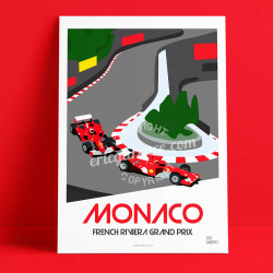 Affiche Monaco par Eric Garence, Côte d'Azur France rétro vintage illustration dessin niçois Formule 1 rouge scuderia fairmont l