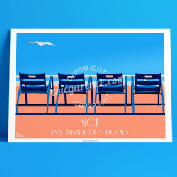 Affiche Les Chaises Bleues à Nice par Eric Garence, Côte d'Azur France rétro vintage illustration dessin niçois prom promenade d