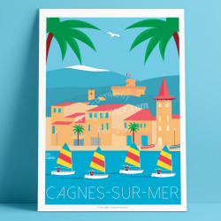 Poster Cagnes sur mer, Les Optimists et l'Eglise du Cros by eric Garence French Artist Deco Travel Poster gift memories sea boat
