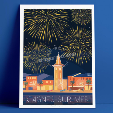 Affiche Cagnes sur mer, Le feu d'artifice du Cros-de-Cagnes par Eric Garence artiste Niçois de la Cote d'azur