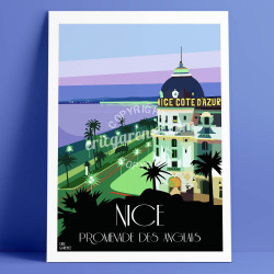 Affiche Le Negresco à Nicepar Eric Garence, Côte d'Azur France rétro vintage illustration dessin niçois augier palace nicois pal
