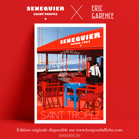 Affiche Saint Tropez Blue at Senequier par Eric Garence, Provence Côte d'Azur Var art galerie artiste contemporain art-déco 