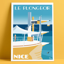 Affiche Le Plongeoir à Nice les 5 ans par Eric Garence, Côte d'Azur France rétro vintage painting artiste niçois la réserve