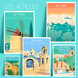 Artwork les Alpilles Moulin de Daudet, Les Baux, Saint Remy, Maussane, Illustration, poster, vintage, rétro, provence, gift