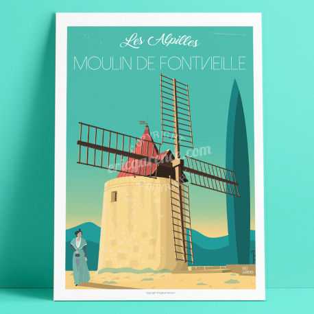 Le Moulin de Fontvieille, Les Alpilles, Provence, Eric Garence, affiche, poster, vintage, neo retro, illustration, Arles, Daudet